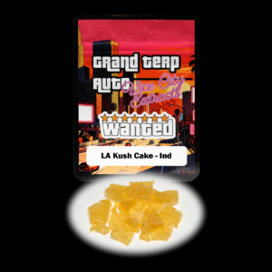 “Grand Terp Auto LA Kush Cake shatter concentrate featuring translucent light golden shatter with a glass-like appearance and stable snap-and-pull texture.”